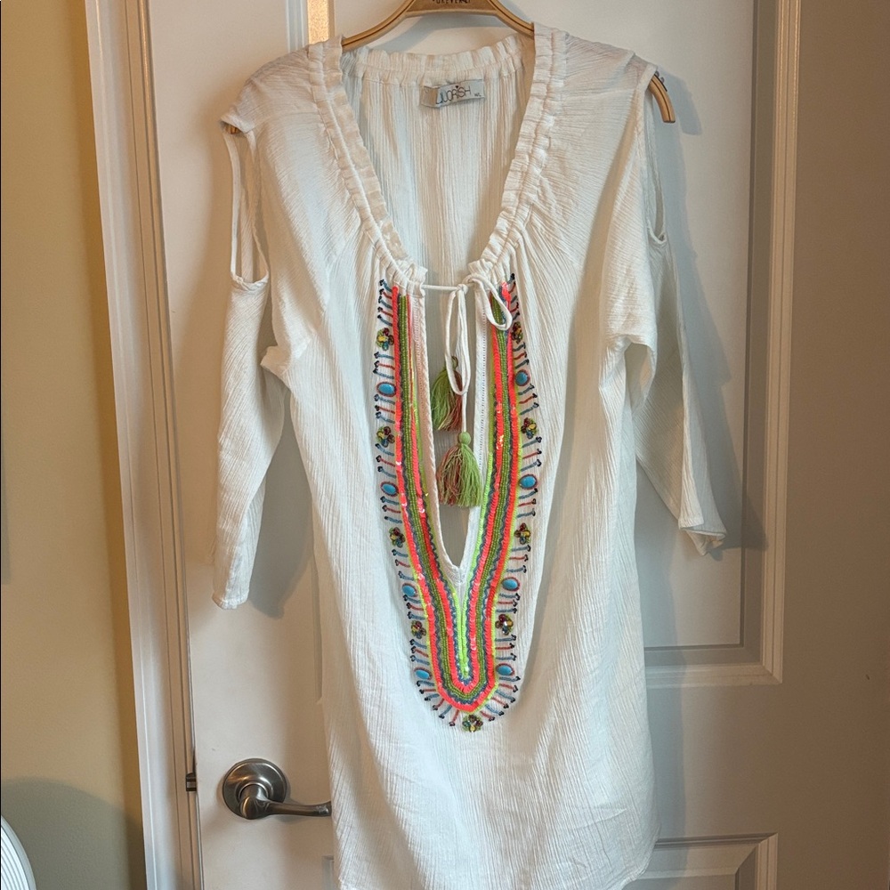White Tunic coverup with Colorful beaded and embroidery.